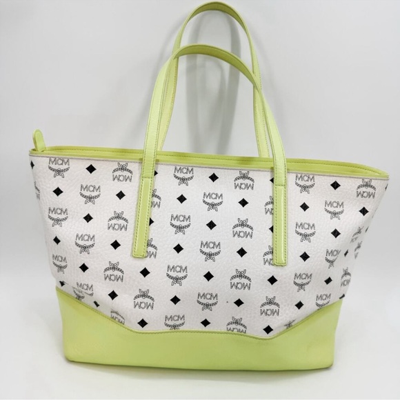 MCM Tote Bag White Yellow Visetos Shopper Authentic Leather Zipper Purse Handbag - Picture 4 of 15